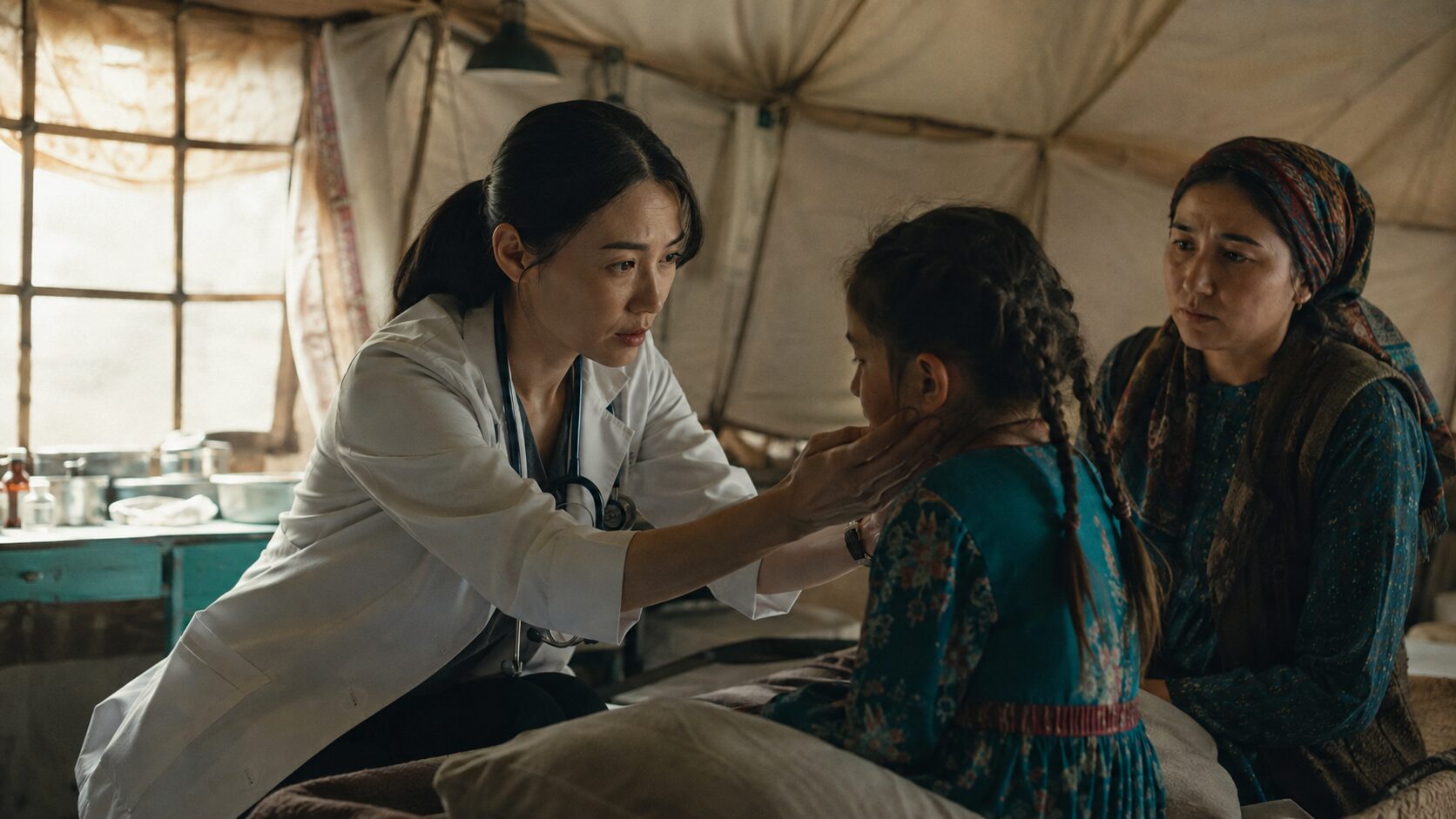 診療所で少女を診察する日本人女性医師と見守る母親