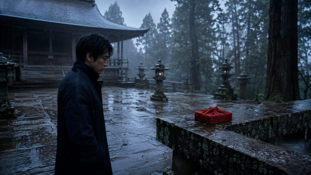 雨の神社で赤い包みを見つめる男性を描いたVIVANT第11話の赤い饅頭のイメージ