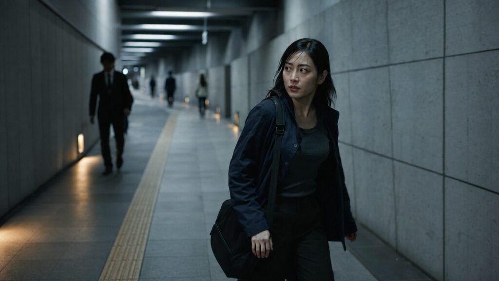 地下通路で周囲を警戒する女性工作員風の人物を描いたVIVANTのイメージ