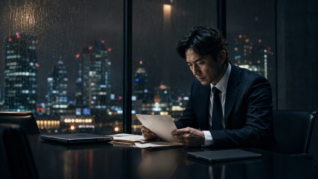 夜のオフィスで機密書類を確認する商社マンを描いたVIVANTのイメージ